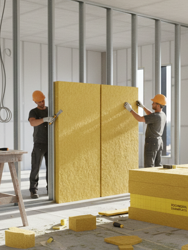 Zwei Bauarbeiter installieren gelbe Isolierplatten in einem Rohbau.